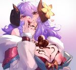  1girl ahoge black_horns blush bow braid breasts brown_bow brown_flower candy chocolate cleavage food food_on_body food_on_breasts fur-trimmed_kimono fur_trim hair_between_eyes hand_up heart heart-shaped_chocolate horn_flower horns japanese_clothes kimono kindred_(league_of_legends) kiny_(kinyussy) large_breasts league_of_legends long_hair long_sleeves nipples red_eyes short_sleeves simple_background skindentation solo spirit_blossom_kindred twin_braids twintails upper_body white_background 