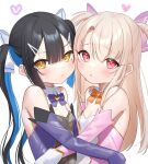  2girls :t bare_shoulders black_hair blue_hair blush bow breasts closed_mouth commentary_request crescent detached_sleeves dress fate/kaleid_liner_prisma_illya fate_(series) gloves hair_between_eyes hair_bow hair_ornament hairclip heart highres illyasviel_von_einzbern light_brown_hair long_sleeves looking_at_viewer magical_sapphire miyu_edelfelt mole mole_under_eye multicolored_hair multiple_girls orange_background parted_lips pink_dress pink_sleeves pout prisma_illya purple_bow purple_dress purple_sleeves red_eyes simple_background small_breasts star_(symbol) sweat tsukiman two-tone_hair two_side_up upper_body white_background white_bow white_gloves yellow_eyes 