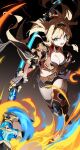  1girl armor belt bikini_armor black_hairband black_skirt blonde_hair blue_eyes breasts brown_belt cleavage dark_background fighting_stance fire gauntlets granblue_fantasy hair_intakes hairband highres holding holding_polearm holding_weapon jiu_ye_sang large_breasts leg_armor long_hair looking_at_viewer microskirt open_mouth polearm red_thighhighs skirt solo standing standing_on_one_leg thighhighs twintails weapon zeta_(granblue_fantasy) 