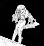  1girl armor astronaut commentary english_commentary full_body greyscale gun headphones helmet highres holding holding_gun holding_weapon looking_to_the_side monochrome original pants short_hair solo space space_helmet spacecraft spacesuit weapon worried yunkey 