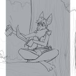 anthro bat breasts clitoris crossed_legs dagger female genitals hi_res mammal melee_weapon nipples plant pussy sharpening_stone sharpening_weapon sitting sketch solo topazknight tree weapon
