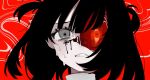  1girl asymmetrical_eyes black_hair body_horror commentary_request grey_eyes grimace hanataro_(sruvhqkehy1zied) highres horror_(theme) looking_at_viewer medium_hair original portrait red_background red_eyes simple_background solo sweat teeth 