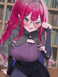  1girl baobhan_sith_(fate) baobhan_sith_(swimsuit_pretender)_(fate) baobhan_sith_(swimsuit_pretender)_(second_ascension)_(fate) black_skirt blush bookshelf braid breasts crown_braid detached_sleeves earrings fate/grand_order fate_(series) glasses grey_eyes grey_jacket hair_ornament hairclip highres jacket jacket_on_shoulders jewelry katashiro large_breasts library long_hair looking_at_viewer open_mouth pink_hair pointy_ears ponytail purple_shirt round_eyewear shirt sidelocks skirt smile solo 