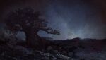  brush_stroke bush concept_art field highres joe_studzinski leaf mountainous_horizon night night_sky no_humans official_art outdoors rock savannah sky star_(sky) starry_sky the_lion_king tree 