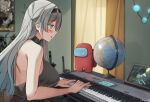  1girl among_us backless_outfit bare_arms bare_shoulders black_hairband breasts commentary crewmate_(among_us) firefly_(honkai:_star_rail) globe grey_hair hairband highres honkai:_star_rail honkai_(series) indoors instrument keenh keyboard_(instrument) large_breasts long_hair parted_lips purple_eyes solo upper_body very_long_hair 