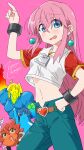  4girls absurdres arm_up artist_name beauty_(bobobo-bo_bo-bobo) belt blue_eyes blush bobobo-bo_bo-bobo bocchi_the_rock! character_request commentary_request cosplay cropped_shirt don_patch earrings gotoh_hitori green_pants hand_on_own_hip heart_belt highres ijichi_nijika jewelry kita_ikuyo long_hair midriff multiple_girls navel open_mouth pants pink_background pink_hair shirt short_sleeves sidelocks solo_focus yamada_ryo zetsuyo_chimayo 