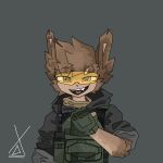 absurd_res armor body_armor bulletproof_vest canid canine canis clothing domestic_dog eyewear glasses hi_res hoodie hz_foxy male mammal military simple_background smile soldier solo solo_focus topwear unknown_character warrior wearing_glasses