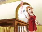 1girl :d apron asuna_(sao) bare_arms bare_shoulders blurry blurry_background braid brown_eyes brown_hair collarbone holding indoors kitchen living_room long_hair naked_apron red_apron smile solo sword_art_online table teeth upper_teeth_only vogel_schwein 