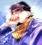  1boy artist_name black_hair blue_background blue_coat blue_headwear breath coat golden_kamuy hand_up hat highres long_sleeves looking_to_the_side male_focus military_hat military_uniform open_mouth orange_scarf outdoors scar scar_on_face scar_on_nose scarf short_hair signature snow solo sugimoto_saichi tsuruko_turuta uniform upper_body winter yellow_eyes 
