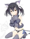  1girl animal_ear_fluff animal_ears animal_hands bare_shoulders black_hair black_panties blush cat_ears cat_girl cat_paws cat_tail closed_mouth commentary_request fake_animal_ears fake_claws fate/kaleid_liner_prisma_illya fate_(series) feather_hair_ornament feathers flat_chest fur-trimmed_gloves fur_trim gloves grey_gloves grey_shirt grey_socks grey_thighhighs hair_between_eyes hair_ornament hairclip highres light_blush long_hair looking_at_viewer magical_sapphire miyu_edelfelt nanashiro_(746dayo) navel panties paw_gloves ribbon shirt simple_background sitting socks solo split_mouth stomach tail thighhighs thighs underwear white_background yellow_eyes 