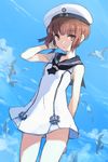  adapted_costume alternate_costume anchor bird brown_hair daakuro hat kantai_collection looking_at_viewer seagull short_hair sketch solo white_hat z3_max_schultz_(kantai_collection) 