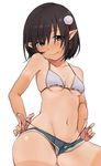  alternate_costume alternate_headwear bare_shoulders bikini_top black_hair blush breasts collarbone contemporary denim denim_shorts groin looking_at_viewer midriff navel pointy_ears pom_pom_(clothes) red_eyes shameimaru_aya short_hair short_shorts shorts simple_background small_breasts smile solo strap_pull sweatdrop tan tanline thick_thighs thighs touhou toujou_(toujou_ramen) underboob underwear white_background 
