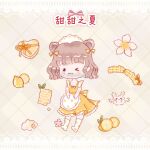  &gt;_o 1girl :o animal_ears apron argyle argyle_background bare_arms bear_ears black_eyes blunt_bangs blunt_ends blush_stickers bow bowtie box brown_background brown_hair chinese_commentary closed_mouth cloud commentary_request deformed dress flower food frilled_apron frilled_dress frills fruit full_body hair_bow heart-shaped_box kneehighs lace leaf lemon lemon_slice looking_at_viewer maid_headdress medium_dress one_eye_closed original pink_flower pleated_skirt polka_dot polka_dot_apron polka_dot_socks rabbit ribbon ribbon-trimmed_dress second-party_source short_hair simple_background skirt smile socks solid_circle_eyes solo square_neckline tuzi_jiushi_yuan_gungun waist_apron watermark wavy_hair weibo_logo weibo_username white_apron white_headdress white_socks yellow_bow yellow_bowtie yellow_dress yellow_ribbon 