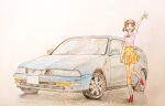  1girl :d amami_haruka arm_up blue_car bow bowtie brown_hair car collared_shirt commentary cwind eyelashes full_body green_eyes hair_bow highres honda honda_prelude idolmaster idolmaster_(classic) idolmaster_million_live! idolmaster_million_live!_theater_days looking_at_viewer motor_vehicle open_mouth pink_bow pink_bowtie pink_footwear pink_shirt plaid plaid_skirt shirt short_hair short_sleeves simple_background skirt smile solo standing standing_on_one_leg traditional_media vehicle_focus white_footwear yellow_skirt 