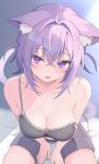  1girl absurdres ahoge animal_ear_fluff animal_ears black_camisole breasts camisole cat_ears cat_girl cat_tail cleavage highres hololive large_breasts looking_at_viewer medium_hair melvis nail_polish nekomata_okayu nekomata_okayu_(7th_costume) official_alternate_costume open_mouth purple_eyes purple_hair purple_nails purple_shorts shorts smile solo tail two_side_up virtual_youtuber 