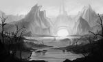  arch boat commentary greyscale monochrome mountain nature onozuka_komachi plant river sanzu_river scenery scythe silhouette solo touhou two_side_up watercraft zarisu 