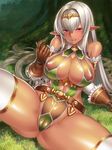  arm_support bad_id bad_twitter_id bare_shoulders beckoning belt blush breasts cameltoe choker cleavage come_hither covered_nipples dark_elf dark_skin elbow_gloves elf fantasy gloves green_leotard jewelry large_breasts leotard light_smile long_hair looking_at_viewer lying on_back original parted_lips pink_eyes pointy_ears seductive_smile sheer_leotard sideboob silver_hair smile solo spread_legs textless thighhighs thighs tiara tree white_legwear yapo_(croquis_side) 