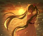  breasts dress floating_hair flower hair_flower hair_ornament hair_tousle hatsune_miku highres lan_jue long_hair small_breasts solo sunset twintails very_long_hair vocaloid water 