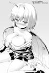  antennae bare_shoulders blush breasts butterfly_wings danbo_(rock_clime) greyscale highres large_breasts looking_at_viewer monochrome off_shoulder original pussy_juice short_hair sitting skirt smile solo translation_request wariza wings 