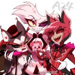  3boys alastor_(hazbin_hotel) angel_dust animal_ears animal_nose animification antlers arm_around_waist black_bow black_bowtie black_choker black_gloves black_hair black_headwear black_pants black_sclera black_wings blush bow bowtie cat_boy choker coat colored_sclera colored_skin deer_antlers deer_boy deer_ears extra_arms fat_nuggets furry furry_male gloves gold_teeth grey_skin grin group_hug hand_on_another&#039;s_hip hand_on_another&#039;s_shoulder hand_up hat hazbin_hotel highres holding holding_microphone horns hug husk_(hazbin_hotel) jacket long_sleeves male_focus menattou microphone mismatched_sclera monocle monster_boy multicolored_hair multicolored_wings multiple_boys notice_lines open_mouth pants pig pink_gloves pink_jacket pixiv_id red-tinted_eyewear red_bow red_bowtie red_coat red_eyes red_hair red_sclera red_shirt red_wings sharp_teeth shirt simple_background smile striped_clothes striped_coat striped_jacket sweat teeth tinted_eyewear top_hat traditional_bowtie two-tone_fur two-tone_hair two-tone_wings vertical-striped_coat vintage_microphone watermark white_background white_fur white_gloves wings yellow_eyes yellow_sclera yellow_teeth 