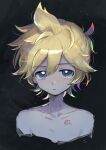  1boy bishounen black_background blonde_hair blue_eyes blush chest_tattoo collarbone commentary cropped_torso expressionless hair_between_eyes highres kagamine_len male_focus messy_hair number_tattoo octopachi pale_skin short_hair short_ponytail simple_background tattoo topless_male upper_body vocaloid 