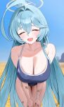  1girl absurdres abydos_high_school_swimsuit ahoge bandaid bare_arms bare_legs bare_shoulders bby black_one-piece_swimsuit blue_archive blush breasts cleavage closed_eyes collarbone cowboy_shot day desert facing_viewer green_hair halo highres huge_ahoge huge_breasts long_hair one-piece_swimsuit open_mouth outdoors school_swimsuit smile solo swimsuit yellow_halo yume_(blue_archive) 