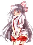  bad_id bad_pixiv_id blush breasts commentary_request covering covering_crotch fujiwara_no_mokou large_breasts long_hair oimo_(imoyoukan) pants puffy_short_sleeves puffy_sleeves red_eyes see-through shirt short_sleeves silver_hair solo suspenders thighs torn_clothes torn_pants torn_shirt touhou very_long_hair wavy_mouth 