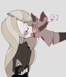  1girl alastor_(hazbin_hotel) arms_behind_back blonde_hair character_doll charlie_morningstar closed_eyes commentary grin hazbin_hotel katahaba_05m kiss long_hair out_of_frame sharp_teeth simple_background smile symbol-only_commentary teeth 