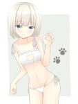  1girl bare_arms bare_legs bare_shoulders blonde_hair blue_eyes bra breasts cat_cutout cat_lingerie clothing_cutout commentary_request dot_nose groin light_blush light_smile meme_attire nanashiro_(746dayo) navel original panties short_hair side-tie_panties simple_background small_breasts solo standing stomach thighs underwear underwear_only white_bra white_panties 