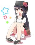  :3 bag bare_legs black_hair brown_eyes cat collarbone crossed_arms flower hat hat_flower hat_with_ears highres kuromu_(underporno) long_hair looking_at_viewer open_mouth original ponytail shirt shoulder_bag sitting skirt solo star very_long_hair vest 