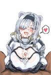  ! 1boy 1girl after_ejaculation animal_ears arknights aurora_(arknights) blue_eyes blush breast_zipper breasts bukkake censored cleavage closed_eyes cum cum_in_mouth cum_on_body cum_on_breasts cum_on_hair cum_on_tongue ejaculation facial gloves grey_hair hair_over_one_eye heart hetero highres large_breasts looking_at_viewer paizuri paizuri_under_clothes penis simple_background smile solo_focus spoken_heart sweat white_background 
