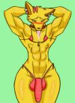 ahegao anthro big_penis bikini blush bow_(feature) canid canine clothed clothing collar crossdressing drooling_tongue ear_piercing fox fur genitals girly green_eyes looking_pleasured male mammal muscular muscular_anthro muscular_male penis piercing plasma-demo solo swimwear thick_thighs tongue tongue_out wide_hips yellow_body yellow_fur
