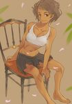  bare_legs barefoot brown chair dark_skin kamimura_aki looking_at_viewer original skirt smile sports_bra tan 