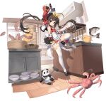  1girl absurdres ahoge animal apron architecture arm_up armpits azur_lane bamboo_steamer baozi bare_shoulders bird black_footwear blush bow breasts brown_eyes brown_hair bun_cover china_dress chinese_clothes cleavage_cutout closed_mouth clothing_cutout cooking crab cupboard detached_sleeves double_bun dress dual_wielding east_asian_architecture fish food frills hair_bun hair_ornament hairband hammer highres holding holding_knife indoors kinjo_kuromomo kitchen kitchen_knife knife leg_up long_hair long_sleeves maid manjuu_(azur_lane) mary_janes non-web_source octopus official_alternate_costume official_art panda panda_ornament ping_hai_(azur_lane) ping_hai_(lively_banquet_preparations)_(azur_lane) plate qi_maid red_dress red_sleeves ribbon shoes small_breasts solo standing standing_on_one_leg tentacles thighhighs transparent_background twintails waist_apron weapon white_thighhighs 
