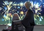  1girl aldnoah.zero back bad_id bad_pixiv_id fireworks ichinose777 japanese_clothes kimono lemrina_vers_envers purple_hair short_hair silver_hair sky slaine_troyard wheelchair yukata 