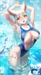  animal_ears armpits arms_up blue_swimsuit blush breasts center_opening chromatic_aberration competition_swimsuit covered_nipples hands_together highres huge_breasts long_hair one-piece_swimsuit open_mouth orange_eyes original sideboob signature silver_hair solo sparkle swimsuit underboob wading water yang-do 