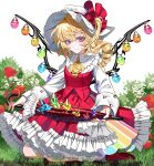  1girl blonde_hair blue_eyes bug butterfly crystal flandre_scarlet flower frilled_skirt frills grass hat hat_ribbon highres holding holding_umbrella long_hair long_sleeves nubezon on_ground red_eyes red_umbrella ribbon seiza short_hair side_ponytail simple_background sitting skirt solo touhou two-tone_eyes umbrella wings 