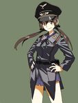  bad_id bad_pixiv_id black_ribbon brown_eyes brown_hair gertrud_barkhorn green_background hair_ribbon hands_on_hips hat long_hair long_sleeves looking_at_viewer military military_uniform peaked_cap ribbon shiratama_(hockey) simple_background smile solo strike_witches twintails uniform world_witches_series 