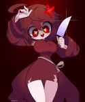  1girl absurdres ahoge breasts brown_background brown_hair brown_robe cowboy_shot detached_sleeves emi_(gazericc) flower-shaped_pupils gazericc hair_ornament highres holding holding_knife knife large_breasts long_sleeves messy_hair open_mouth original red_eyes red_light robe rope short_hair skeletal_arm skeletal_hand symbol-shaped_pupils thighs twitter_username wide_hips 