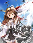  ahoge aircraft airplane armpits blue_sky blush brown_hair cannon cloud day detached_sleeves fisheye frilled_skirt frills glint grin hand_on_hip hand_on_own_head headdress highres kantai_collection kongou_(kantai_collection) long_hair looking_at_viewer nontraditional_miko one_eye_closed ribbon-trimmed_sleeves ribbon_trim skirt sky smile solo tobi_(nekomata_homara) water yellow_eyes 