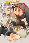  black_gloves bow fingerless_gloves gloves hair_bow kogitsunemaru long_hair male_focus nishi_juuji red_eyes sitting solo tassel touken_ranbu translation_request white_hair 