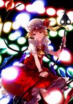  ascot blonde_hair commentary danmaku dress flandre_scarlet hat hat_ribbon highres hug_(yourhug) laevatein looking_at_viewer mob_cap open_mouth red_dress red_eyes ribbon side_ponytail solo spell touhou wings wrist_cuffs 