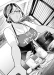  1girl absurdres anderson apron arm_support bare_arms bare_shoulders bowl breasts ceiling cleavage collarbone food from_below glasses greyscale hair_bun highres leaning_forward mature_female monochrome official_art parted_bangs parted_lips plate saucer shirt short_hair solo table tan tanlines torima_minshuku_yadori_teki_na! yadori_hana 