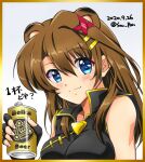  1girl animal_ears beer_can black_gloves blue_eyes blush breasts brown_hair can closed_mouth dated drink_can fingerless_gloves gloves hair_ornament hairclip highres large_breasts long_hair looking_at_viewer lyrical_nanoha mahou_shoujo_lyrical_nanoha_strikers raccoon_ears san-pon signature simple_background smile solo upper_body white_background x_hair_ornament yagami_hayate 