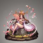  breasts brown_hair cleavage detached_sleeves diao_chan fan faux_figurine finger_in_mouth folding_fan headwear large_breasts long_hair petals purple_eyes romance_of_the_three_kingdoms ryushin sitting smile solo stone 