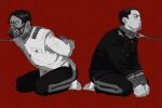  2boys animal_collar arms_behind_back bound bound_wrists chengongzi123 clenched_teeth collar dark-skinned_male dark_skin facial_hair full_body furrowed_brow goatee_stubble golden_kamuy greyscale_with_colored_background highres kneeling koito_otonoshin leash long_sleeves looking_to_the_side male_focus military_uniform multiple_boys muzzle open_mouth red_background short_hair simple_background stubble teeth tsukishima_hajime uniform very_short_hair 