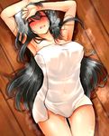  arm_up armpits black_hair blush breasts breath closed_eyes cowboy_shot from_above full-face_blush hair_ornament hairclip haruna_(kantai_collection) highres kantai_collection large_breasts long_hair lying naked_towel nude on_back open_mouth parted_lips solo thigh_gap towel tsukui_kachou wet wince 