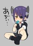  bad_id bad_pixiv_id eating eyepatch food headgear ishihara_saika kantai_collection popsicle purple_hair short_hair sitting solo sweatdrop tenryuu_(kantai_collection) yellow_eyes younger 