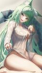  1girl animal_ear_fluff animal_ears arknights cat_day cat_ears cat_girl cat_tail collared_shirt commentary_request green_eyes green_hair green_tail harmonie_(arknights) highres kurosabi_neko long_hair long_sleeves no_pants open_clothes open_mouth open_shirt shirt sitting solo tail wariza wet wet_clothes wet_shirt white_shirt 