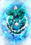  1girl blue_eyes blue_hair fins fish_tail green_kimono highres japanese_clothes kimono looking_at_viewer looking_up medium_hair mermaid monster_girl shee_take solo tail touhou wakasagihime water 